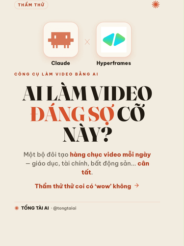 Khai sáng nhẹ cho anh em: dựng video bằng AI mà tay không chạm một dòng code 🤯 Mình vừa ráp Claude Code + Hyperframes và sốc thật sự.